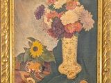 a painting of flowers in a vase on a table