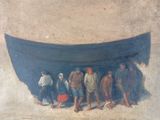 a painting of a group of people standing in front of a boat