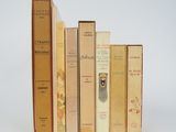 plusieurs livres sont alignés sur une surface blanche