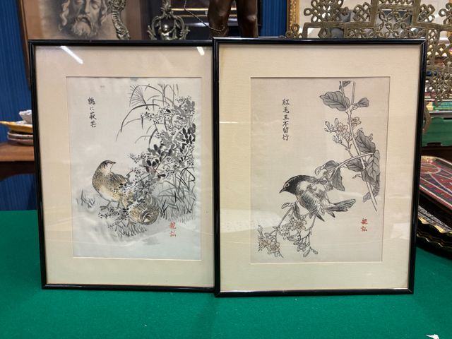 Art d’Asie – En pendant, deux encres sur tissu « oiseaux ». 22 x 