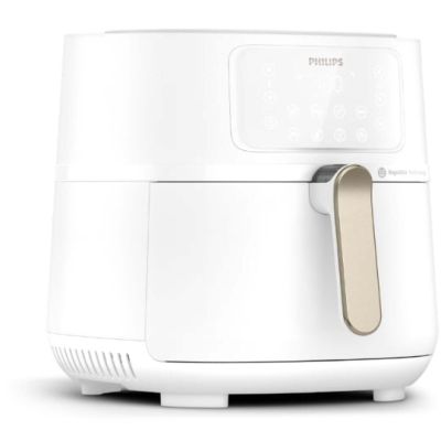 La friteuse à air chaud Philips est blanche et dotée d'une poignée en bois