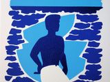 tableau représentant un homme tenant une planche de surf devant un mur en pierre