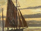 a painting of a sailboat on the water at sunset