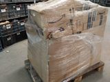boxes on a pallet in a warehouse filled with lots of boxes
