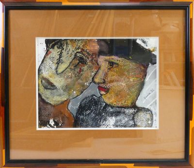 painting of a man and a woman kissing in front of a mirror