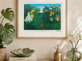 a picture of a painting hanging on the wall above a dresser