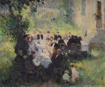 painting of a group of people sitting at a table in a garden