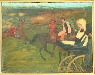 a painting of a horse race with jockeys and horses