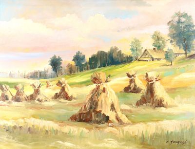 a painting of a group of straw stacks in a field