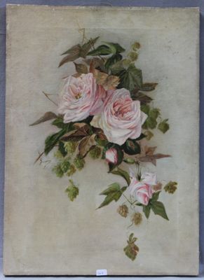 painting of a bunch of pink roses with green leaves on a white background