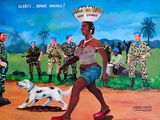 painting of a woman running with a dog in front of a group of soldiers