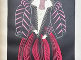 an image of a drawing of a woman in a red and black dress