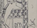 un dessin en noir et blanc représentant un oiseau regardant par la fenêtre