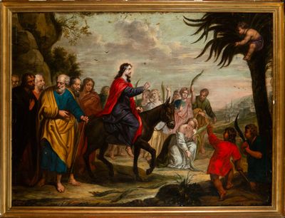 une image représentant un tableau où l'on voit un homme à cheval, escorté par un groupe de personnes