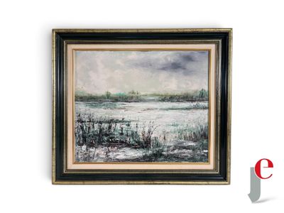 une image représentant un tableau représentant un paysage avec un lac au premier plan