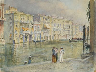 un tableau représentant deux personnes debout sur une jetée