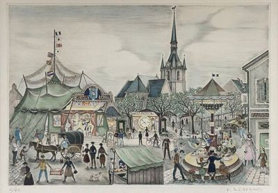 dessin représentant une scène de rue avec le clocher d'une église en arrière-plan