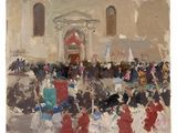 an image of a painting of a crowd of people in front of a building