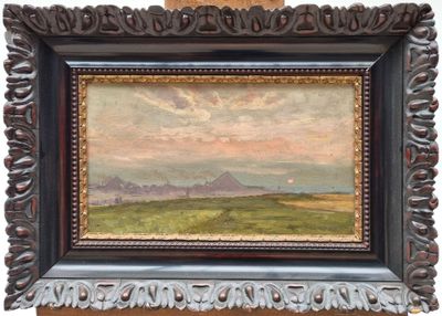 an oil painting of a landscape with a mountain in the distance