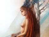 an oil painting of a woman sitting under a tree next to a body of water