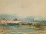 une aquarelle d'un bateau sur l'eau