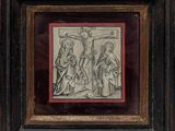 an old picture of jesus on the cross with other people in the background