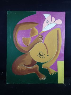 tableau représentant un singe tenant un morceau de papier dans la bouche