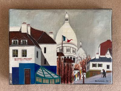 painting of a street scene with buildings and a dome in the background