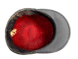 a black hat with a red sunburst inside of it