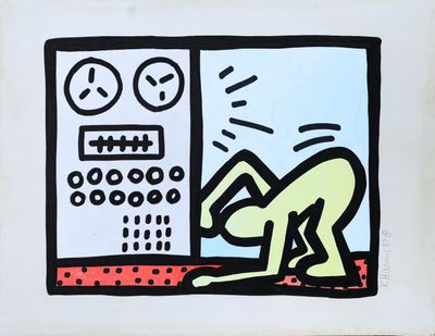 painting of a person bending over in front of a microwave