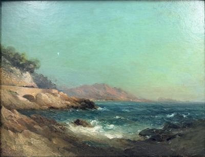 an oil painting of a rocky beach with waves crashing on the shore