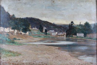 une image représentant un tableau où l'on voit une rivière avec un village en arrière-plan