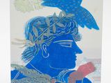 greeting card of a blue woman with a bird on her head