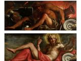 two pictures of a painting of a man sitting on a bed