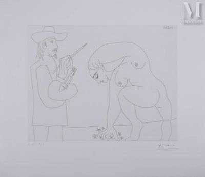 drawing of a man and a woman with a guitar and a dog