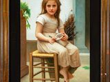 painting of a young girl sitting on a chair with a basket of flowers in front of her