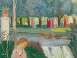 une image représentant un tableau où l'on voit une femme en robe rose assise dans l'herbe