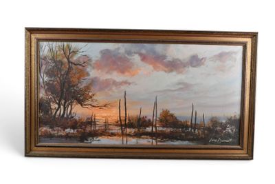 une peinture à l'huile représentant un paysage avec des arbres et de l'eau