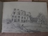 drawing of a house with a man walking in front of it