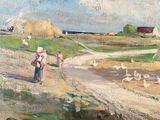 an oil painting of a couple of people walking down a dirt road
