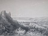 peinture représentant un paysage rocheux avec un château au loin