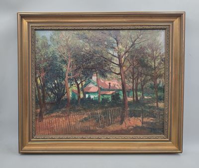 un tableau représentant une maison dans un environnement boisé, avec des arbres