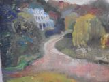 a painting of a painting of a road in the woods