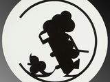 a black and white picture of a sign with a mouse on it