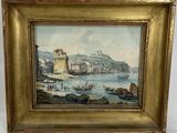 an oil painting of a harbor scene with boats in the water