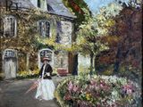 un tableau représentant une femme marchant dans la rue avec une ombrelle