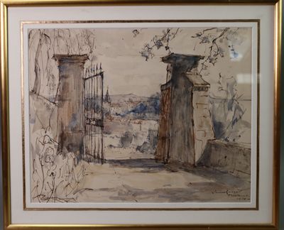 une image représentant une aquarelle d'un portail dans un mur de pierre