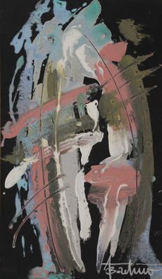 peinture abstraite représentant une femme en robe rose sur fond noir