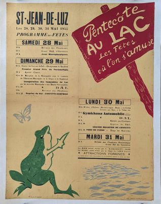 french poster for a theatre showing a frog holding a sign