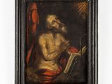a painting of a man reading a book in a dark frame
